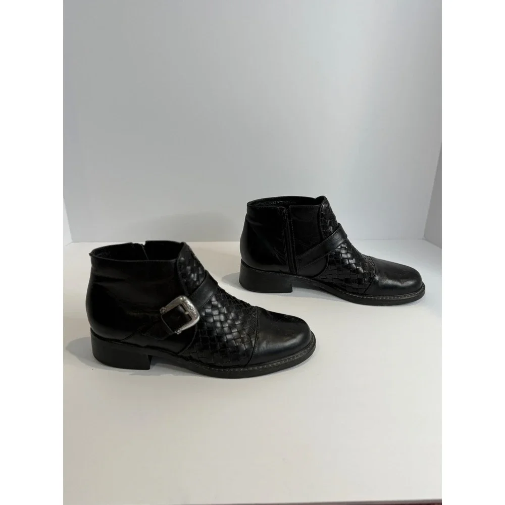 Brighton Black Woven Leather Ankle Boots Silver Buckle Made in Brazil Women's 8M